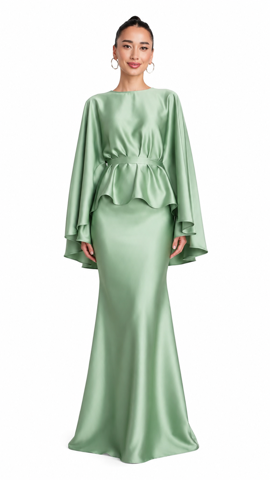 Satin Cape Sleeve Peplum Mermaid Maxi Dress Set