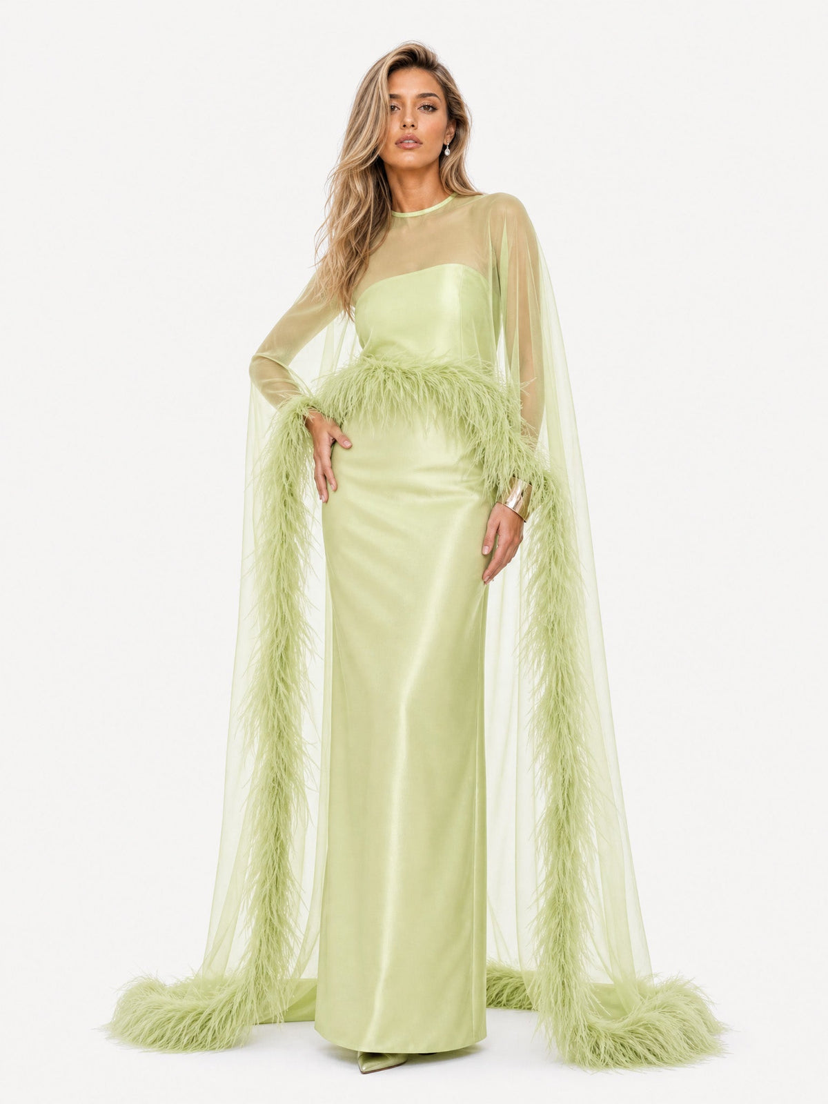 Elegant Feather Trim Chiffon Shawl Black Satin Maxi Dress