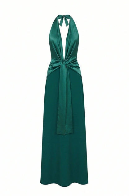 Elegant Halter Twist Front Satin Maxi Dress