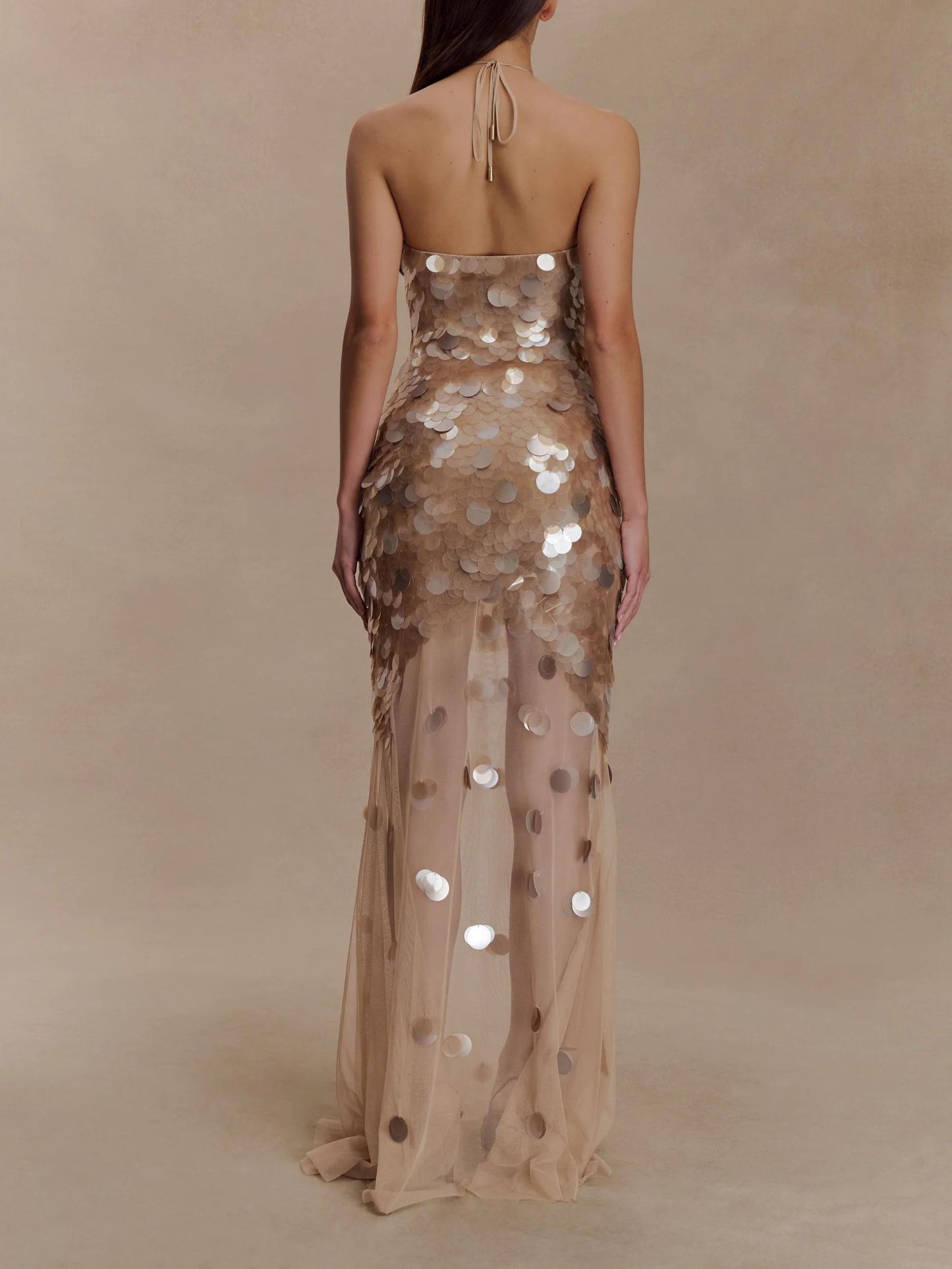Elegant Iridescent Sequin Halter Neck Evening Maxi Dress
