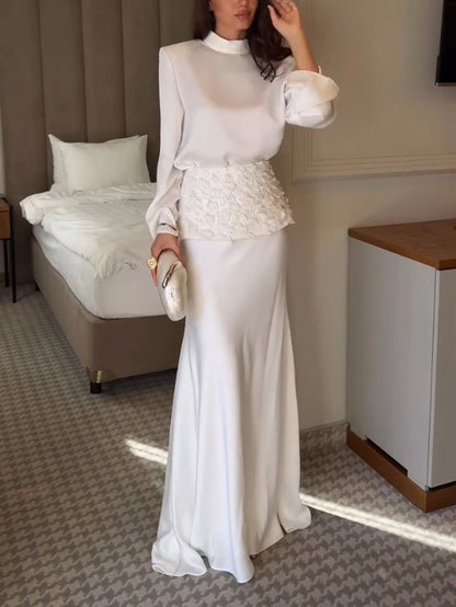 Elegant Satin Top & Embroidered Waistband Skirt Two-Piece Set