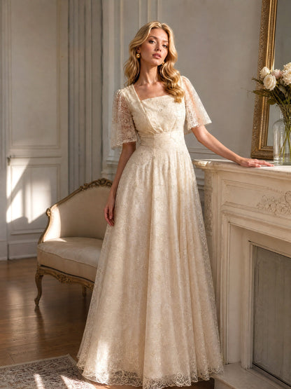Elegant Square Neck Sheer Tulle Floral Embroidered Maxi Dress