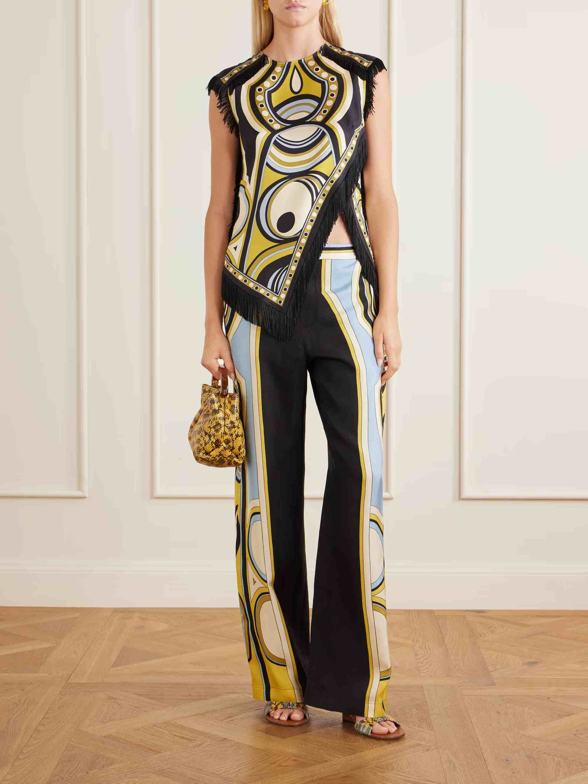 Retro Geometric Print Tassel Trim Asymmetric Top & Pants Two-Piece Set