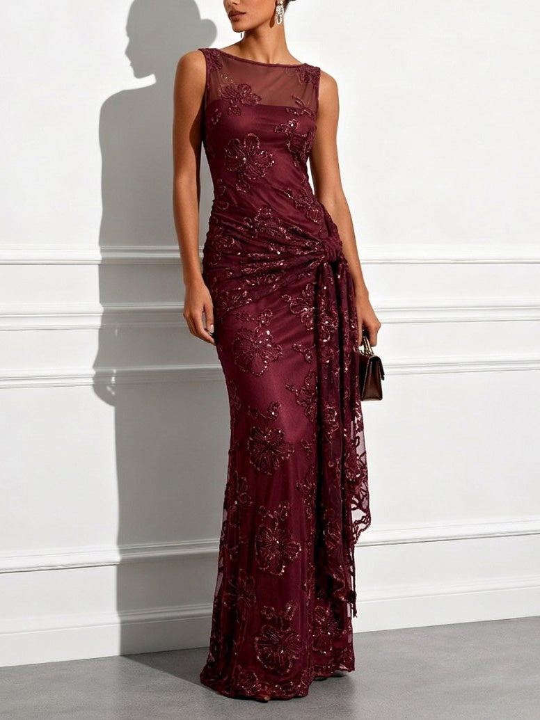 Elegant Floral Embroidered Mesh Ruched Maxi Dress
