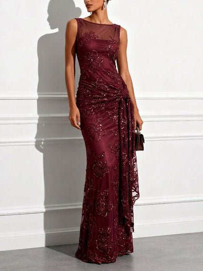 Elegant Floral Embroidered Mesh Ruched Maxi Dress