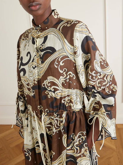 Retro Abstract Print Drawstring Long Sleeve Maxi Dress