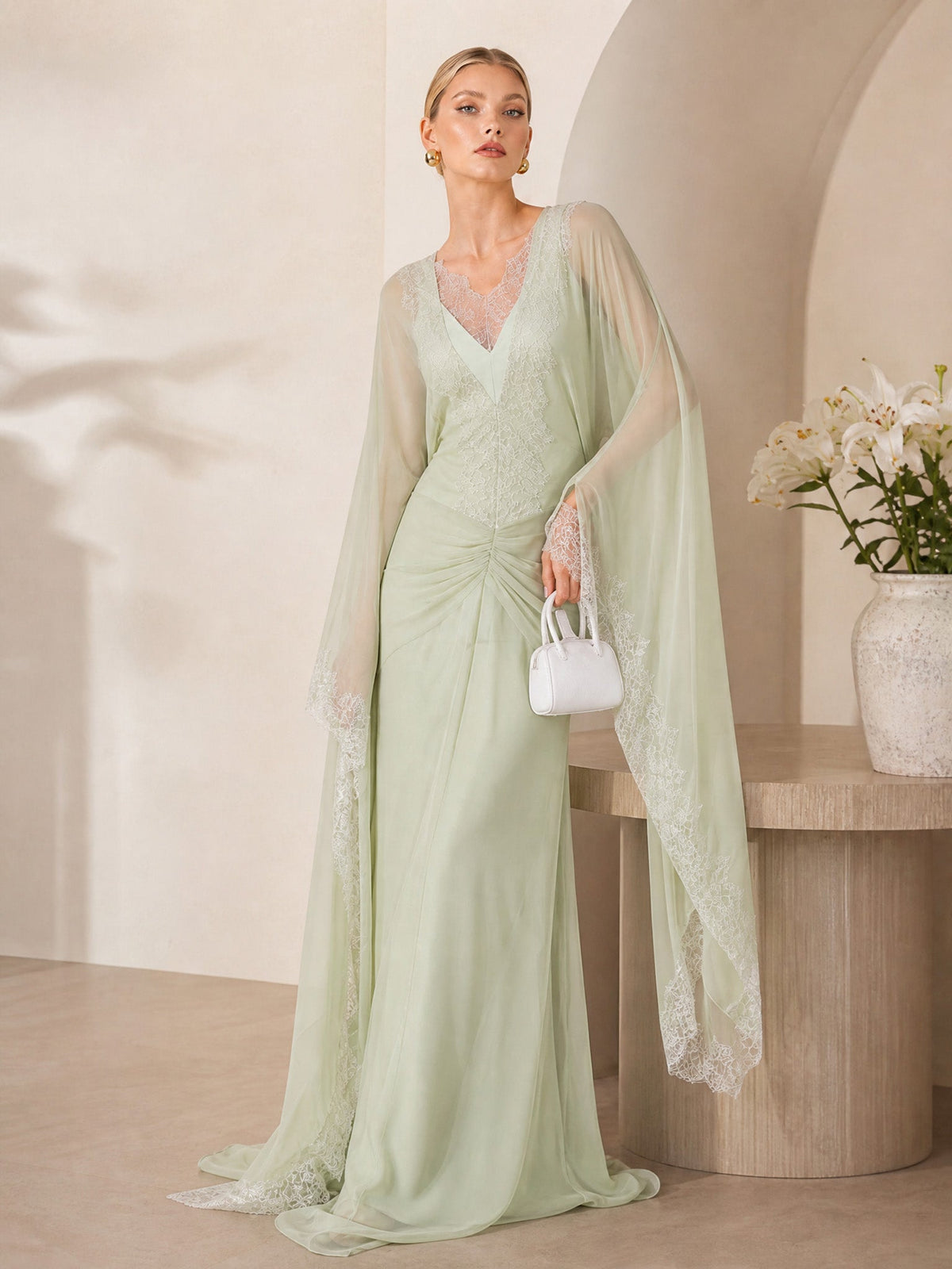 Elegant Lace-Trim Cape Sleeve Ruched Maxi Dress