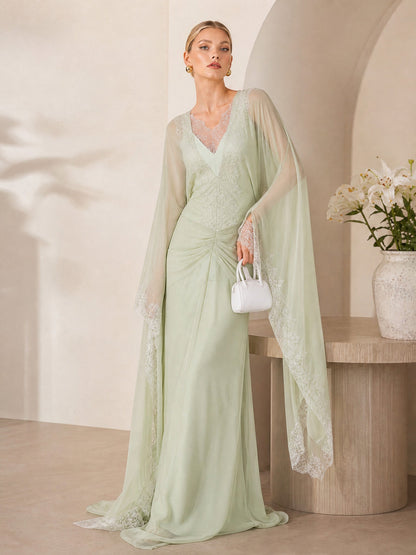Elegant Lace-Trim Cape Sleeve Ruched Maxi Dress