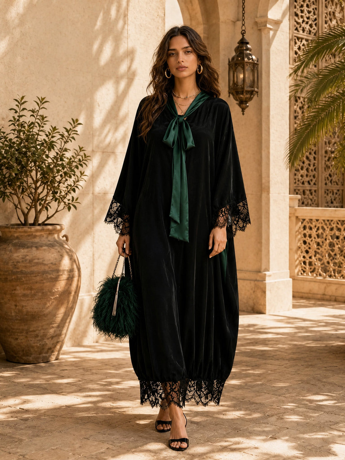 Elegant Color-Block Reversible Satin Lace-Trim Maxi Dress