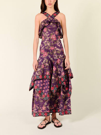 Floral Print Cross Halter Maxi Dress