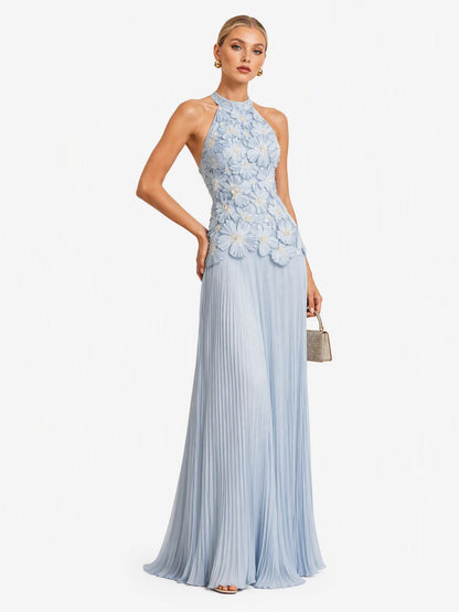 Elegant Halter Neck 3D Floral Appliqué Ruched Maxi Dress