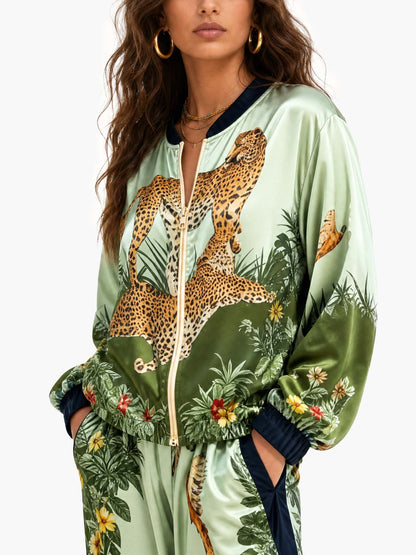 Exotic Jungle Print Zip-Up Long Sleeve Shirt