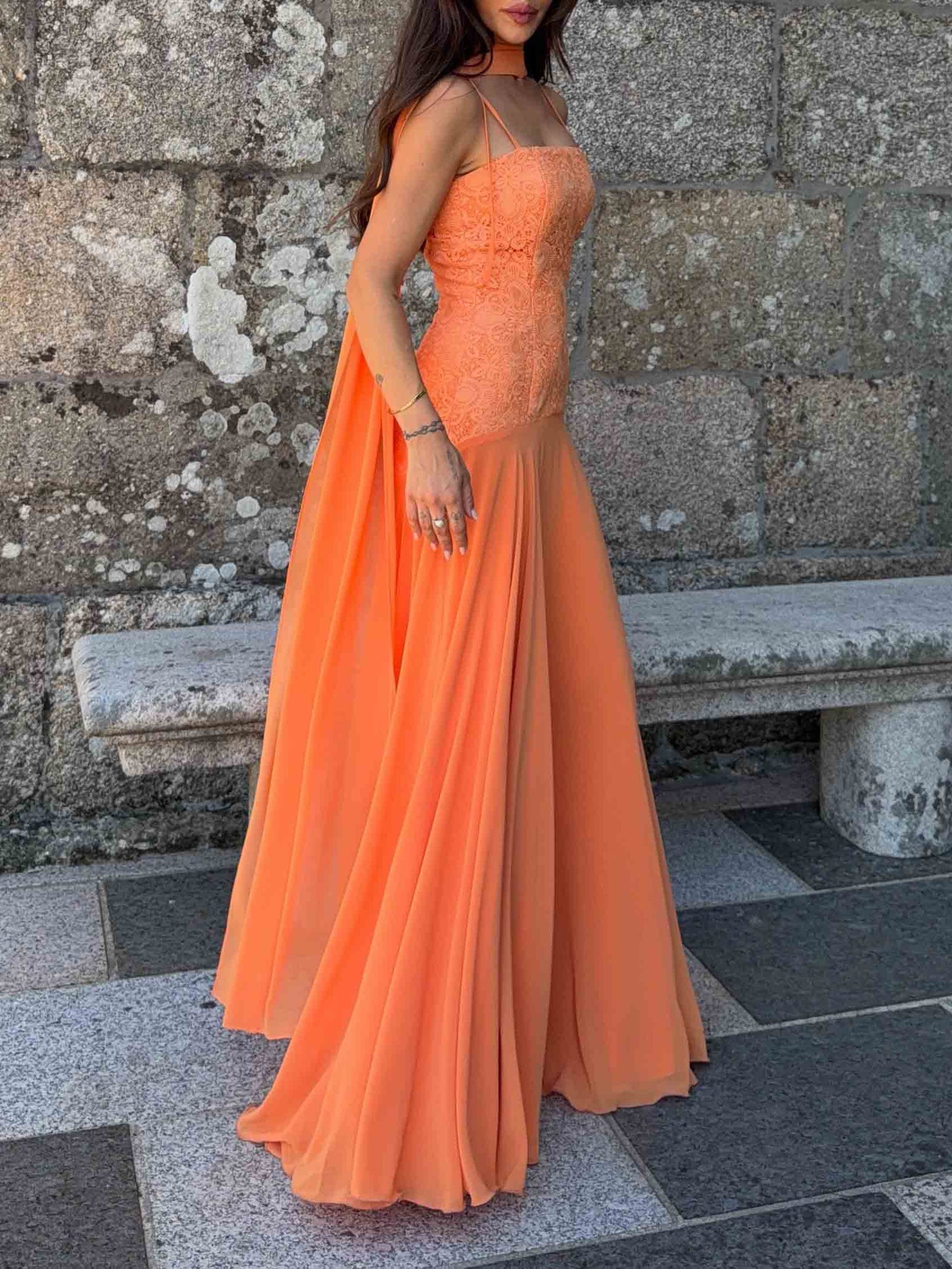 Elegant Lace Bodice Tie-Shoulder Chiffon Maxi Dress