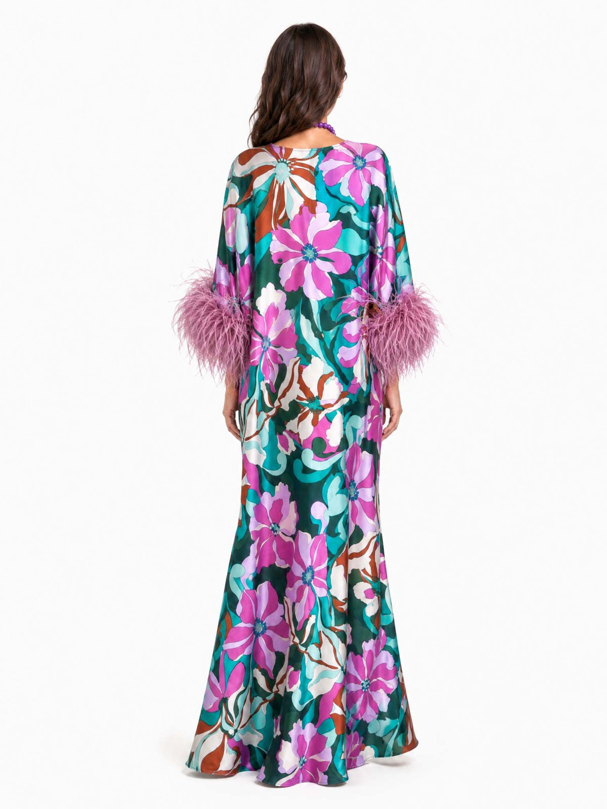 Elegant Floral Print Feather Cuff Satin Maxi Dress