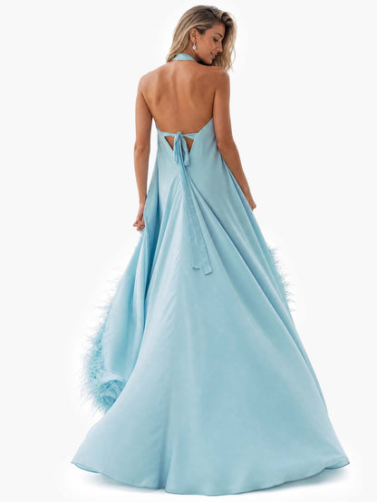 Elegant Halter Neck Sleeveless Feather Trim Satin Maxi Dress