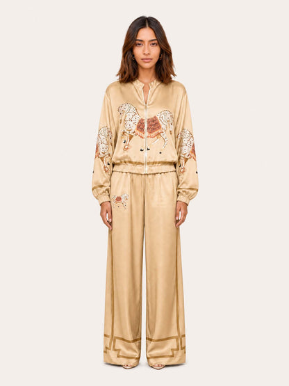 Exquisite Satin Horse Print Zip Jacket & Wide-Leg Pants Two-Piece Set