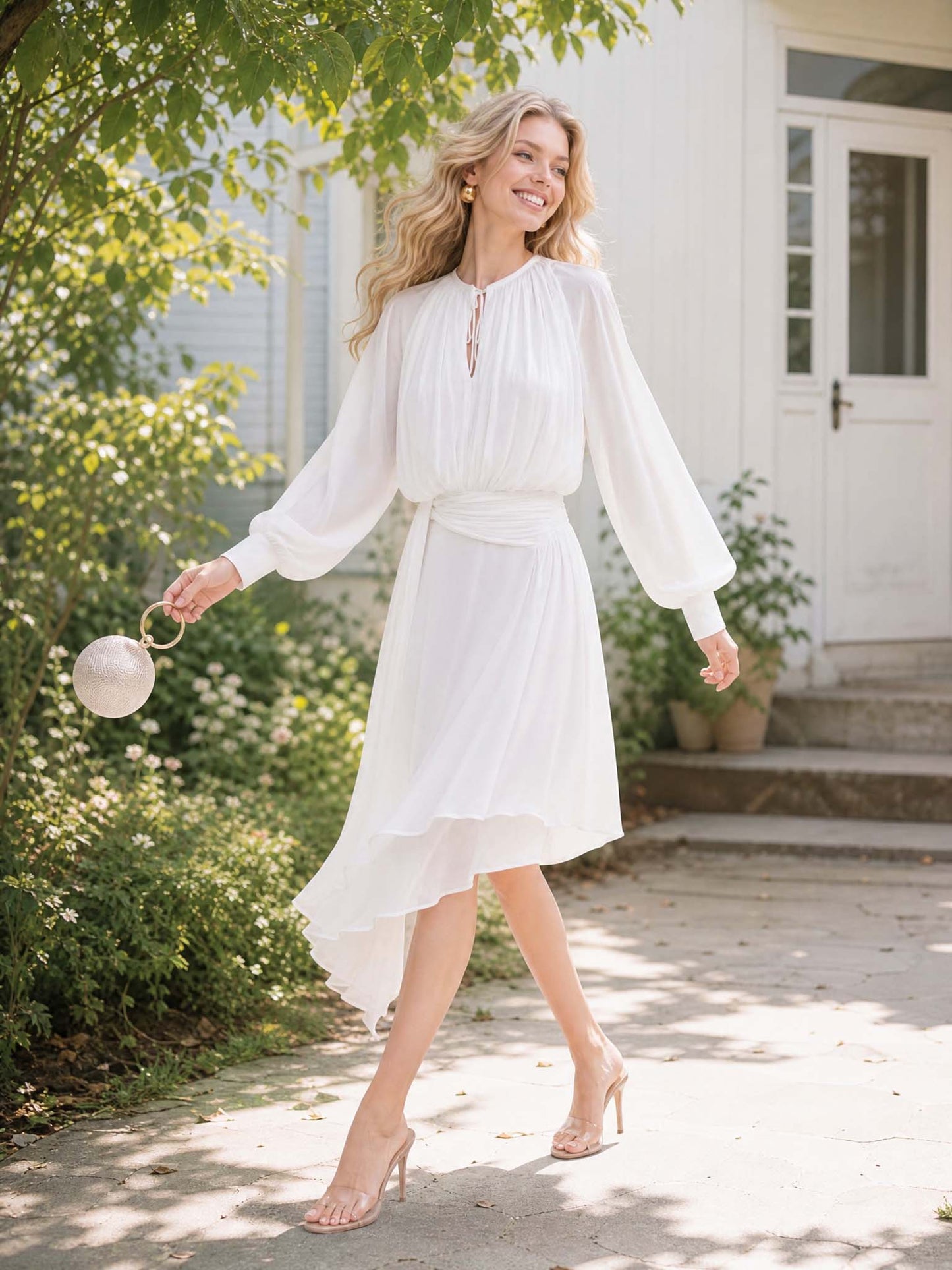 Asymmetrical Hem Long Sleeve Chiffon Midi Dress