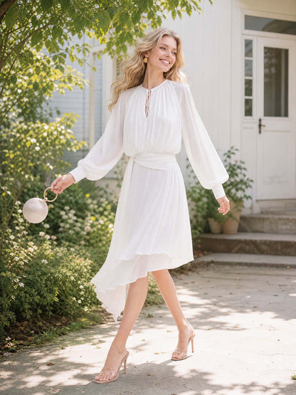 Asymmetrical Hem Long Sleeve Chiffon Midi Dress