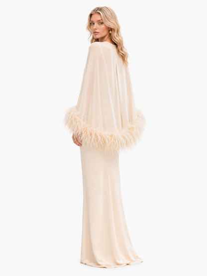 Elegant Feather Trim Chiffon Shawl Two-Piece Set