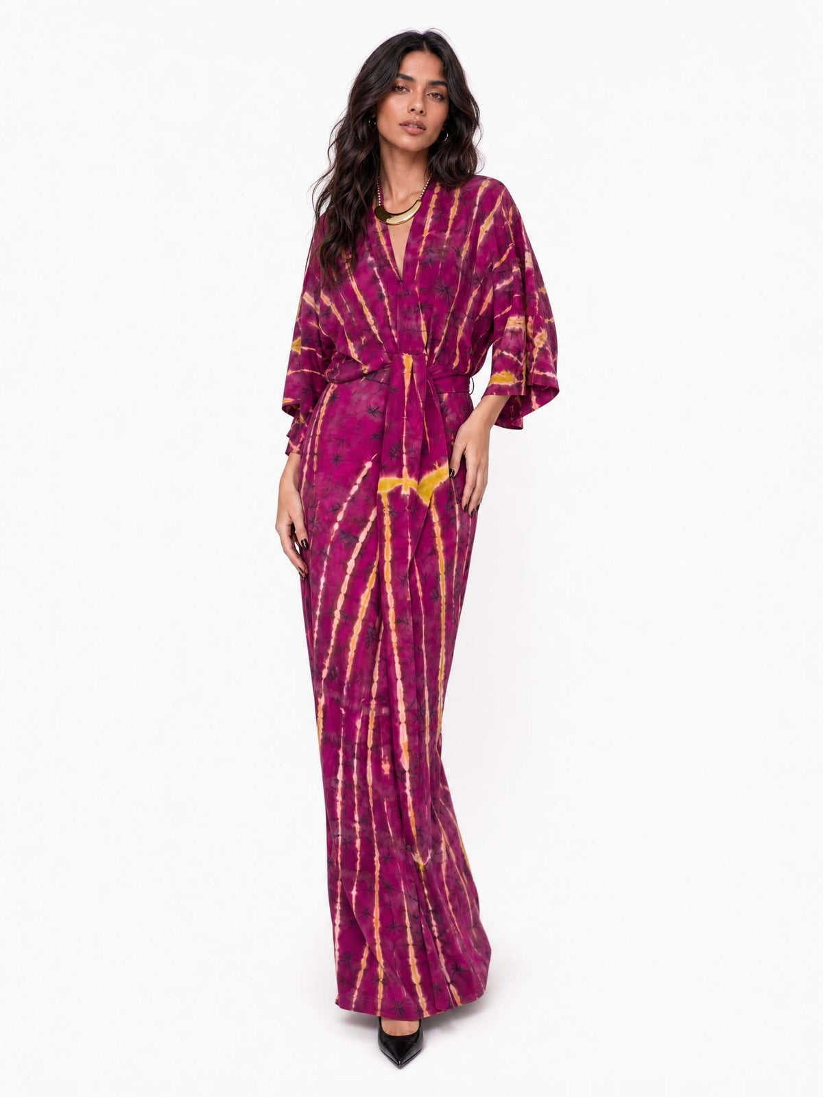 V-Neck Printed Slit Streamer Design Maxi Dress