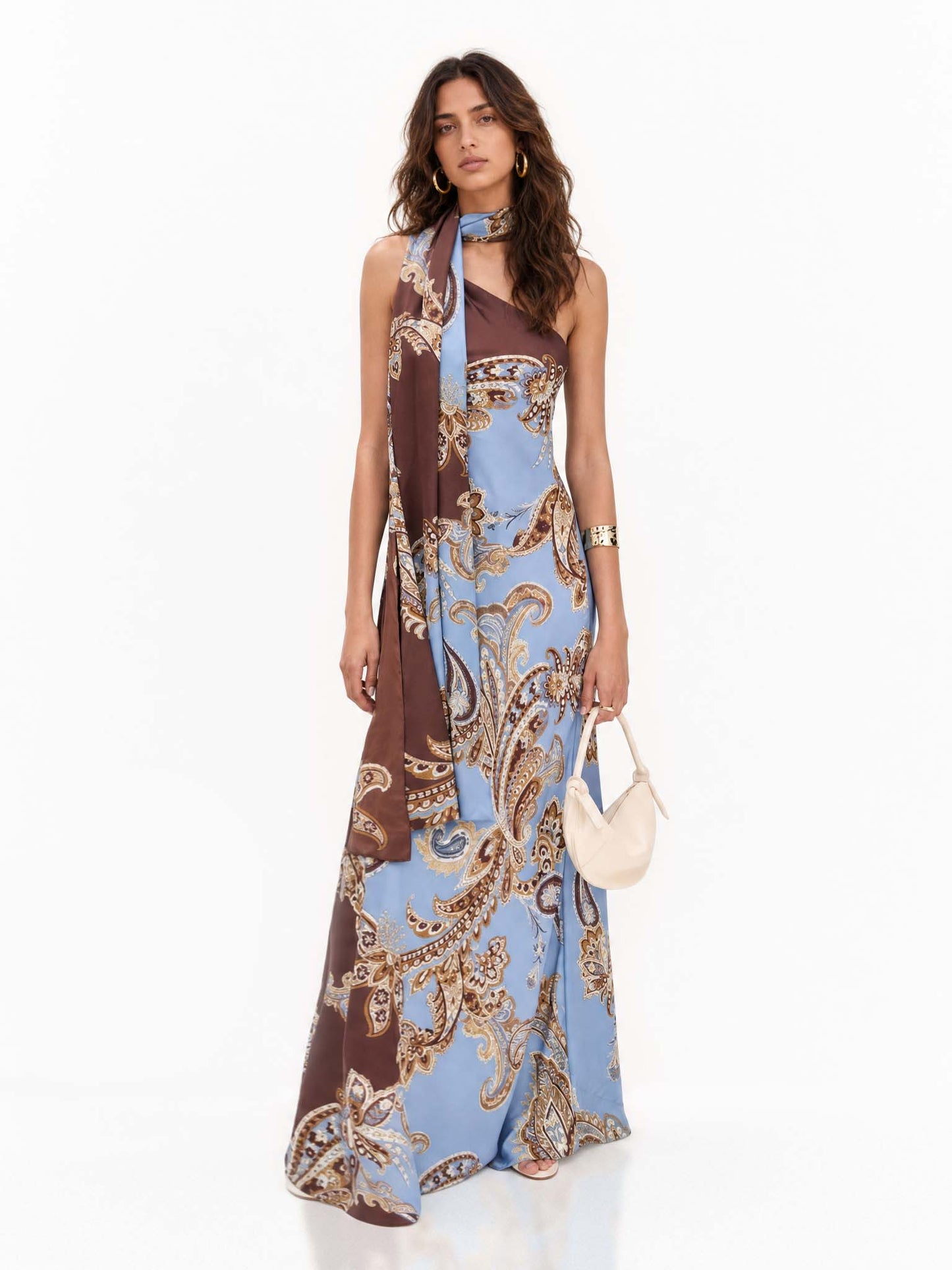 Elegant Bohemian Paisley Printed Satin Maxi Dress