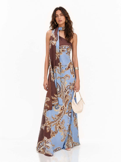 Elegant Bohemian Paisley Printed Satin Maxi Dress