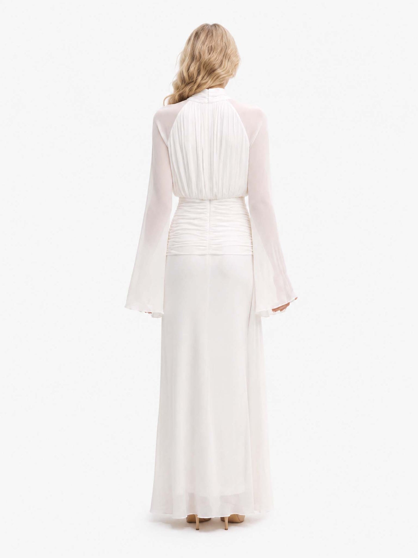 Elegant High Neck Ruched Waist Long Sleeve Maxi Dress