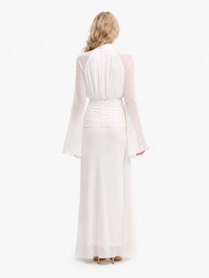 Elegant High Neck Ruched Waist Long Sleeve Maxi Dress