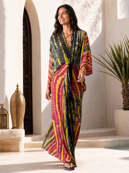 V-Neck Printed Slit Streamer Design Maxi Dress