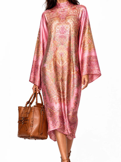 Retro Paisley Print Round Neck Flared Sleeve Midi Dress