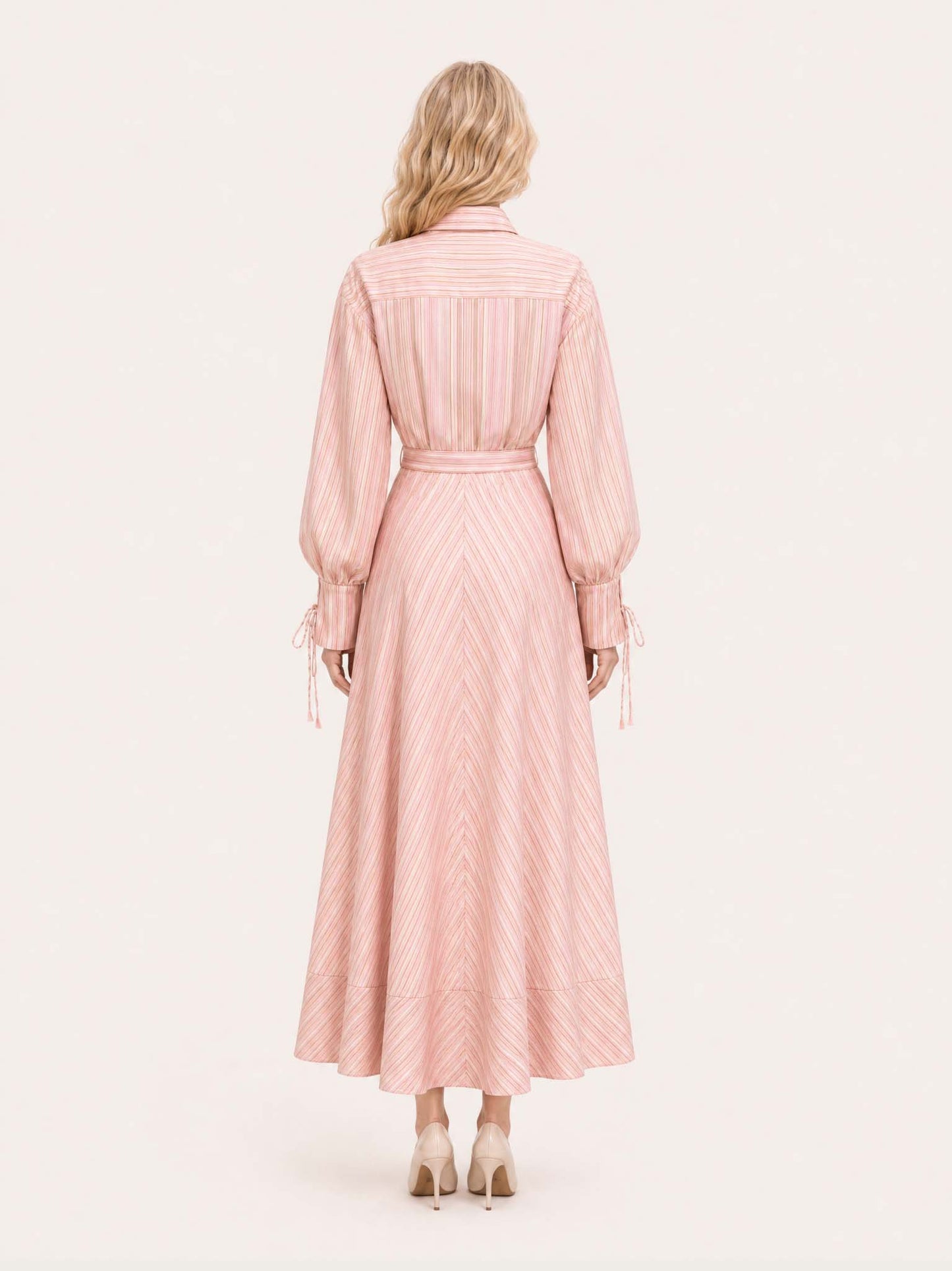 Pink Stripe Print Long Sleeve Waist Tie Maxi Shirt Dress