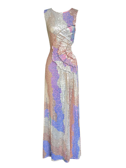 Pastel Sequin Sleeveless Cut-Out Maxi Dress