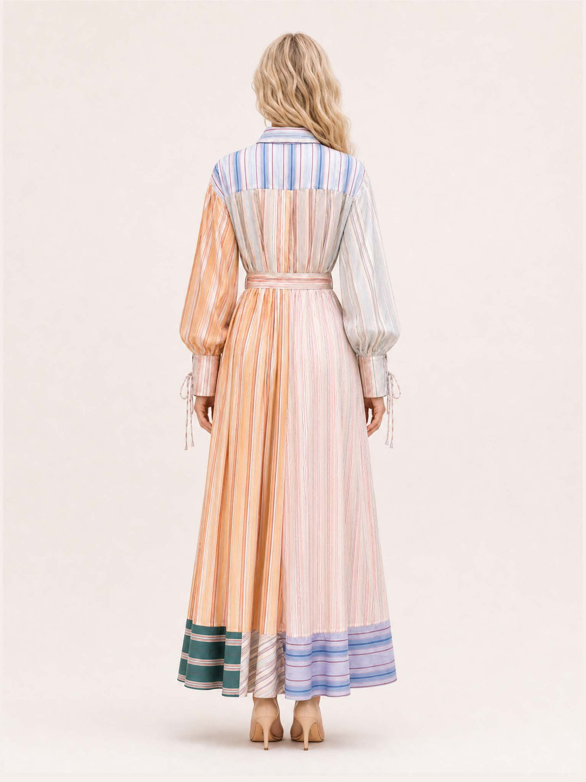 Multicolor Patchwork Stripe Print Long Sleeve Tie Maxi Shirt Dress