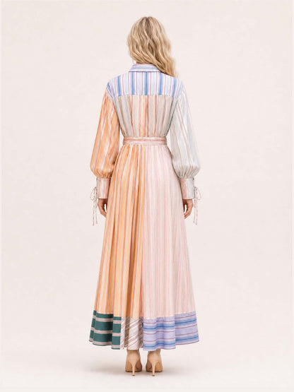 Multicolor Patchwork Stripe Print Long Sleeve Tie Maxi Shirt Dress