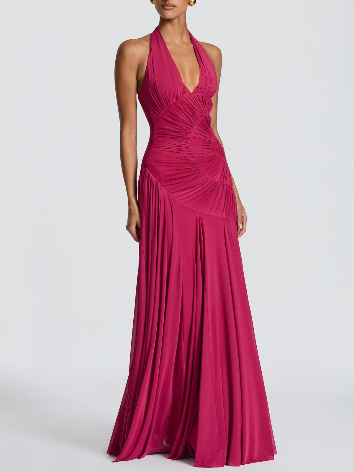 Elegant Halter Neck Ruched Pleated Maxi Dress