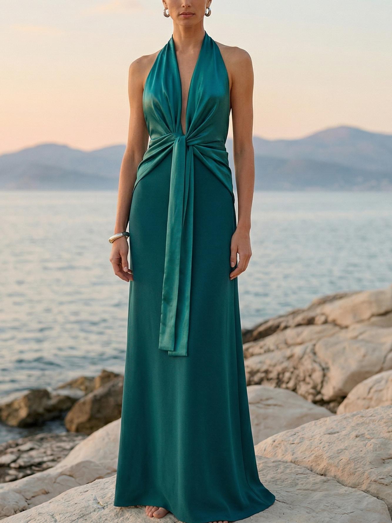Elegant Halter Twist Front Satin Maxi Dress
