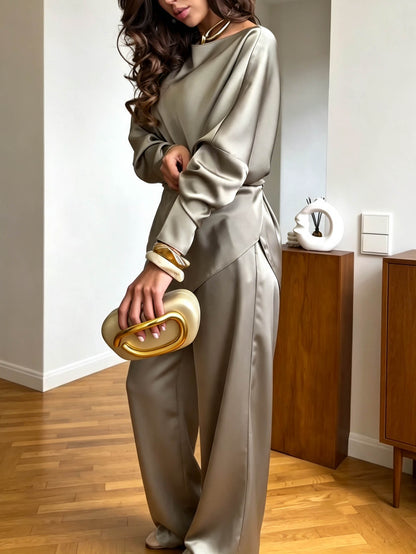 Retro Embroidered Waist Belt Satin Shirt & Harem Pants Set