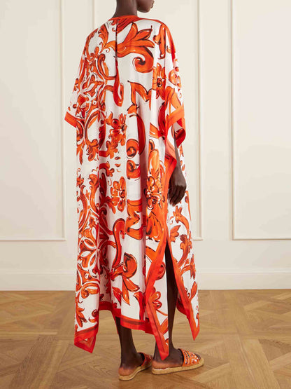 Elegant Self-Tie Satin Print Flowing Kaftan Maxi Dress
