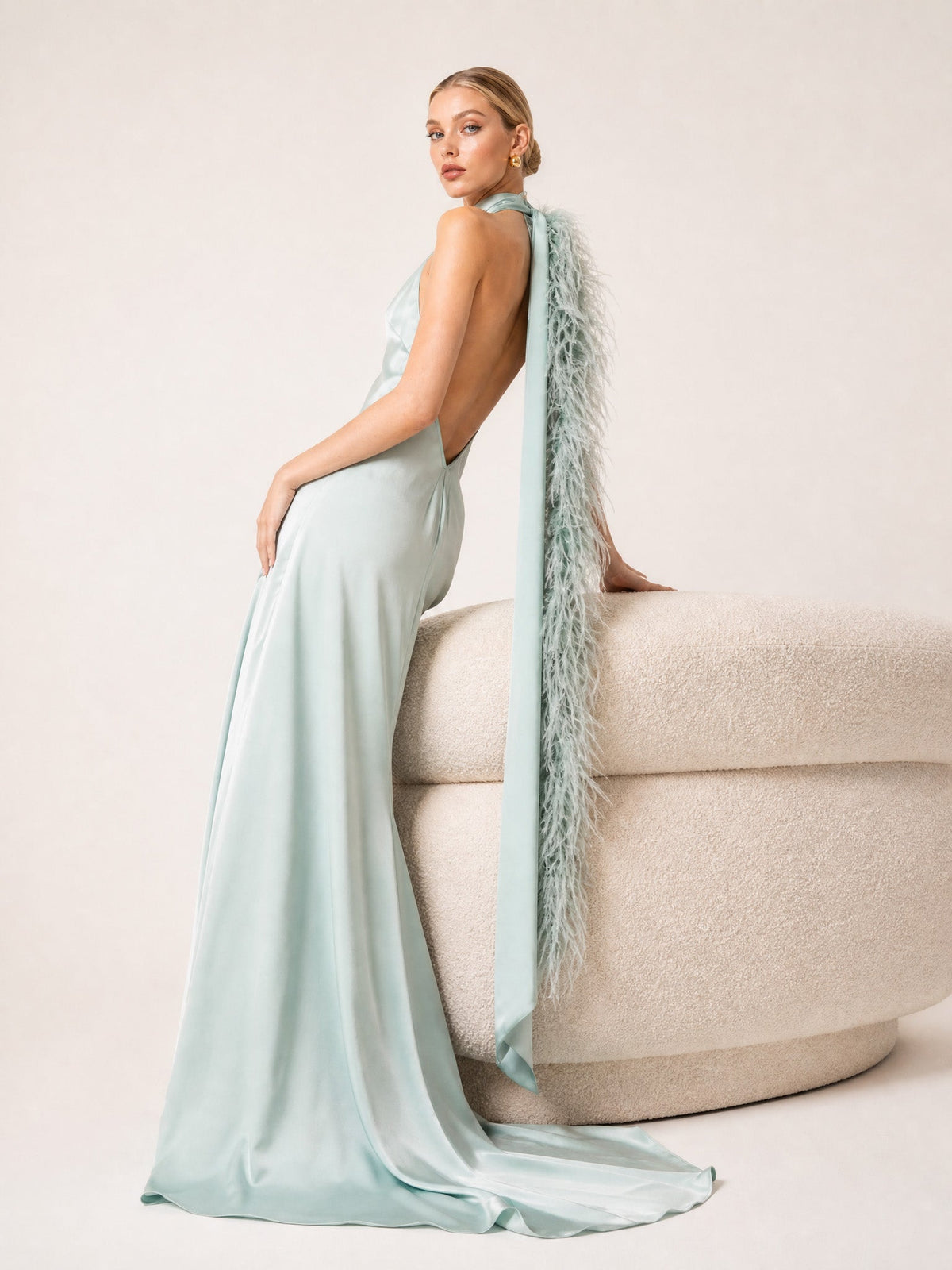 Elegant Satin Halter Feather-Trim Maxi Dress