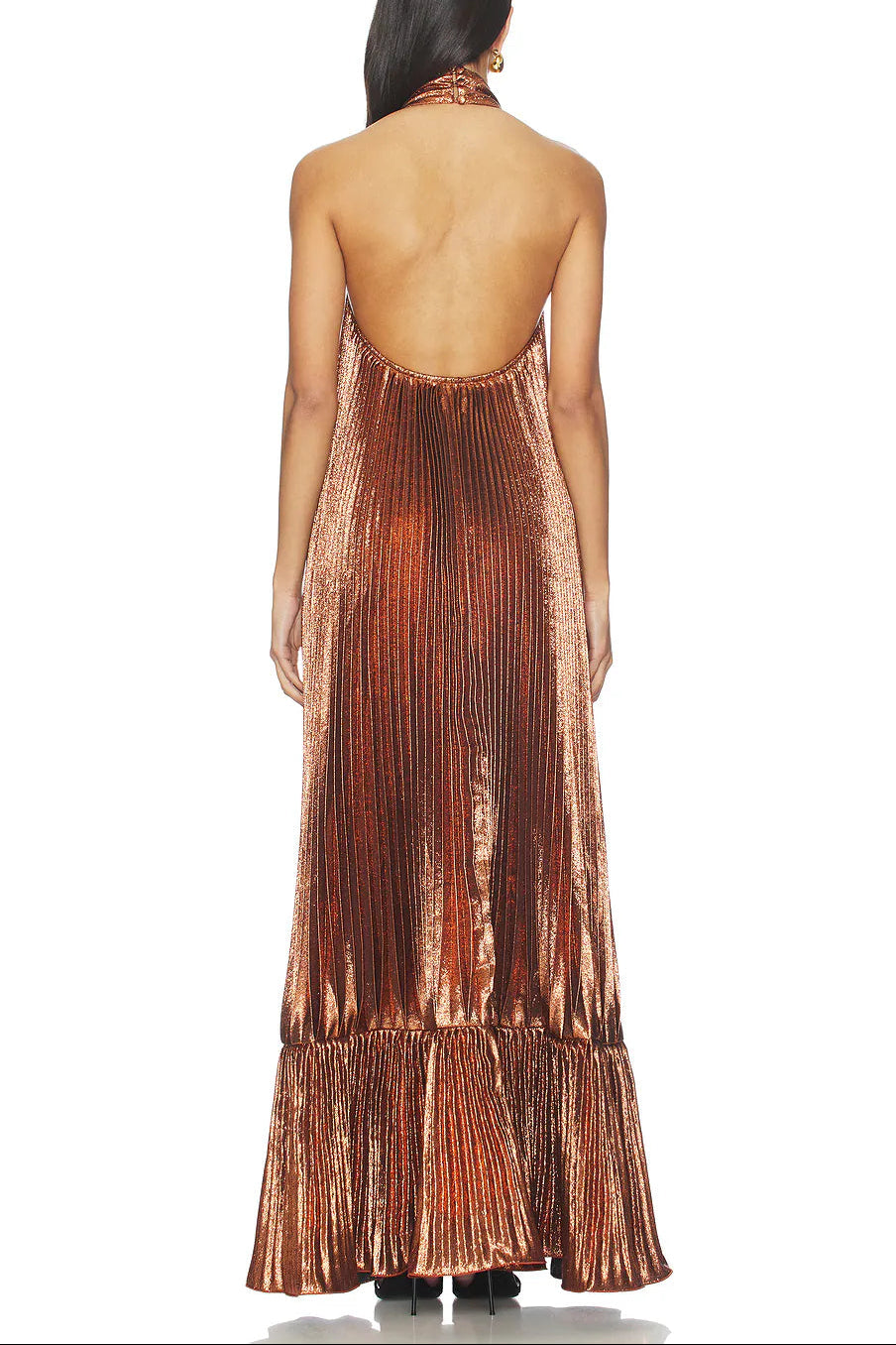 Elegant Metallic Pleated Halter Keyhole Maxi Dress