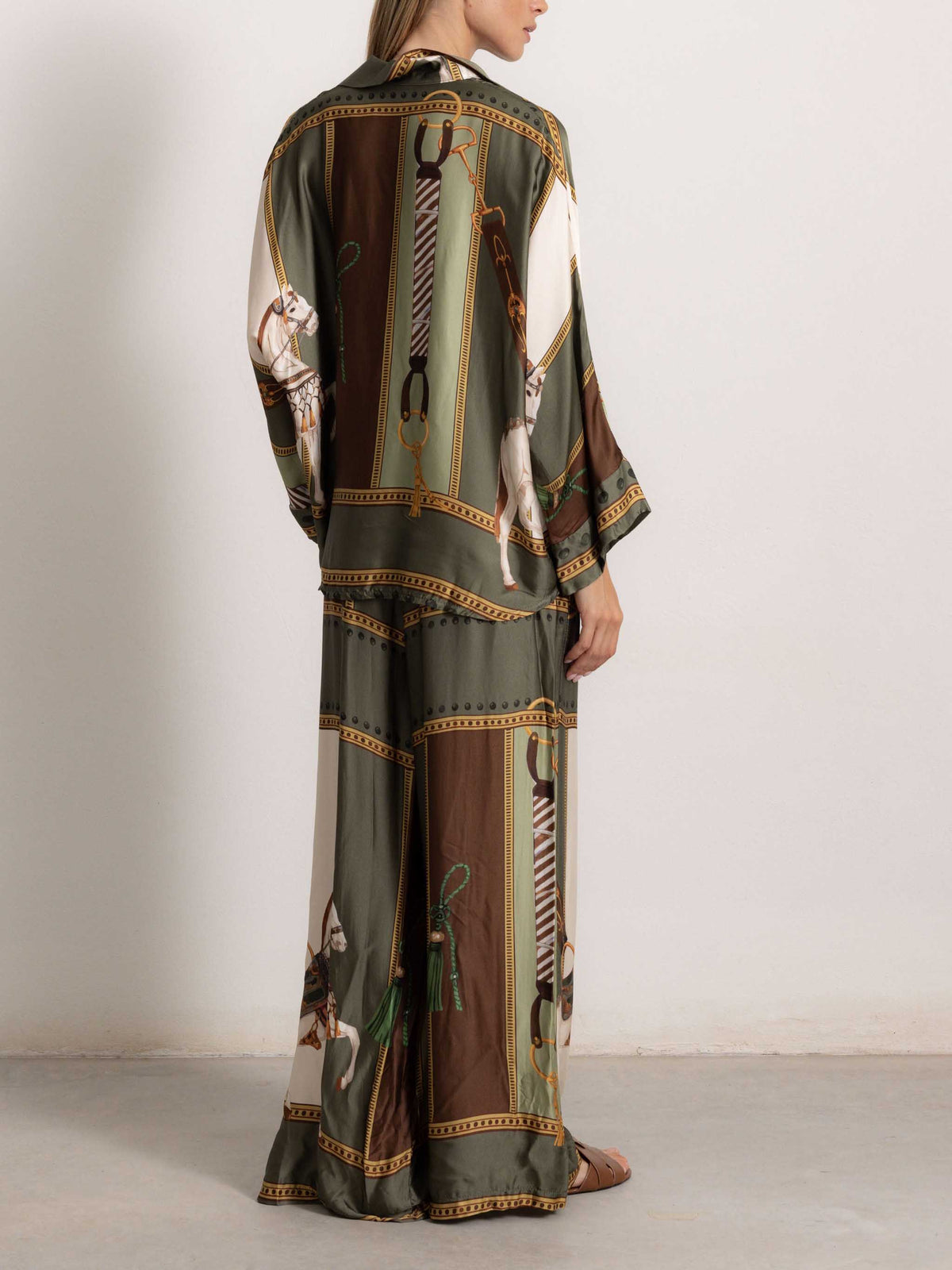 Retro Equestrian Print Shirt & Wide-Leg Pants Two-Piece Set