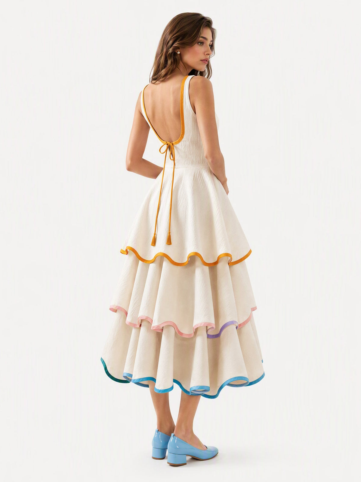 Elegant Color Trim Tiered Ruffle Sleeveless Maxi Dress