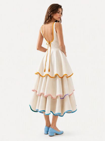 Elegant Color Trim Tiered Ruffle Sleeveless Maxi Dress