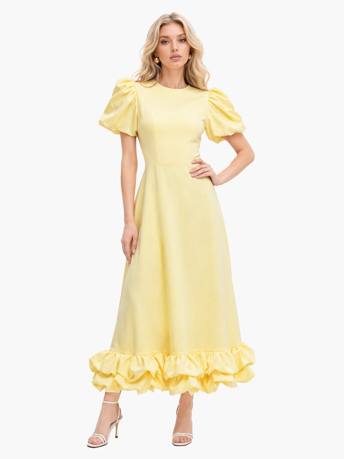 Elegant Puff Sleeve Ruffle Hem Maxi Dress