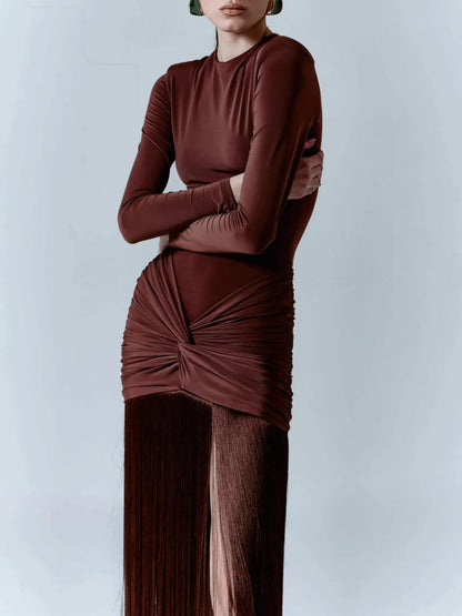 Elegant Ruched Twist Fringe Maxi Dress