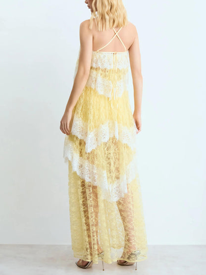 Elegant Tiered Lace Spaghetti Strap Maxi Dress