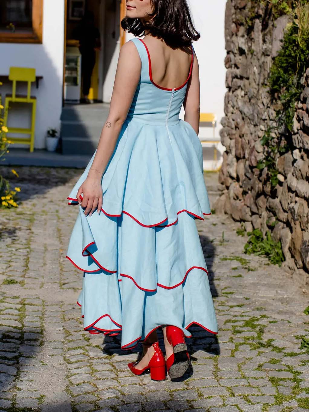 Exquisite Strawberry Embroidered Tiered Midi Dress