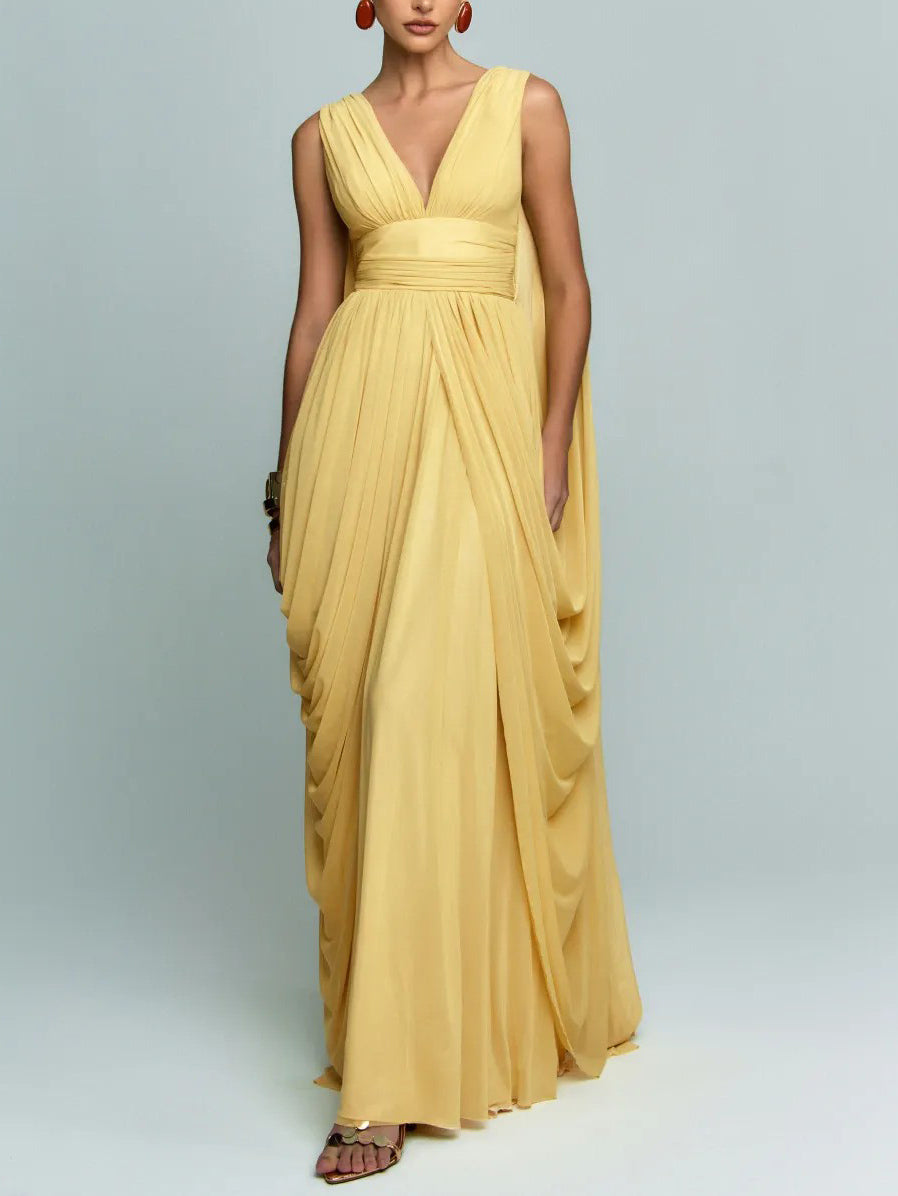 Elegant Draped Chiffon Evening Maxi Dress