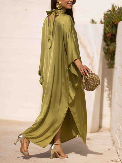 Elegant Satin Choker Neck Batwing Sleeve Kaftan Maxi Dress
