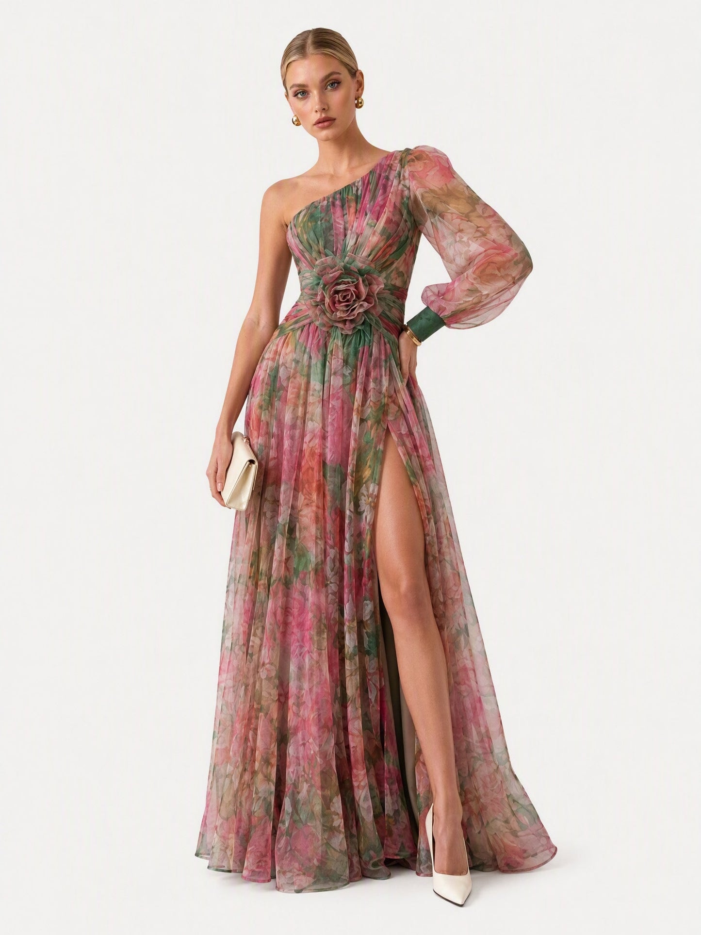 Elegant Floral Print Ruched One-Shoulder Sheer Maxi Dress